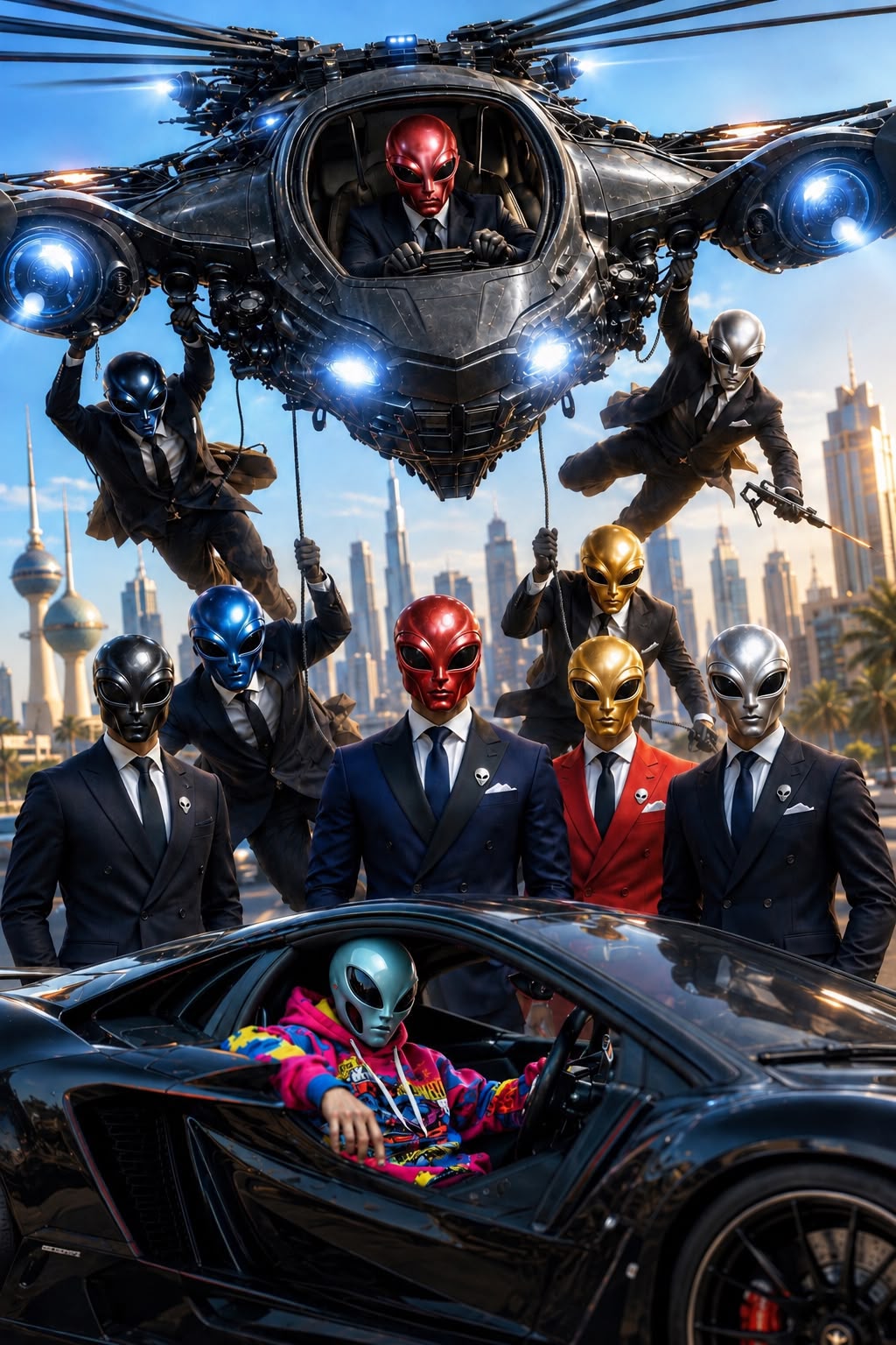 Grays Gang with their aircraft and sports car in the city