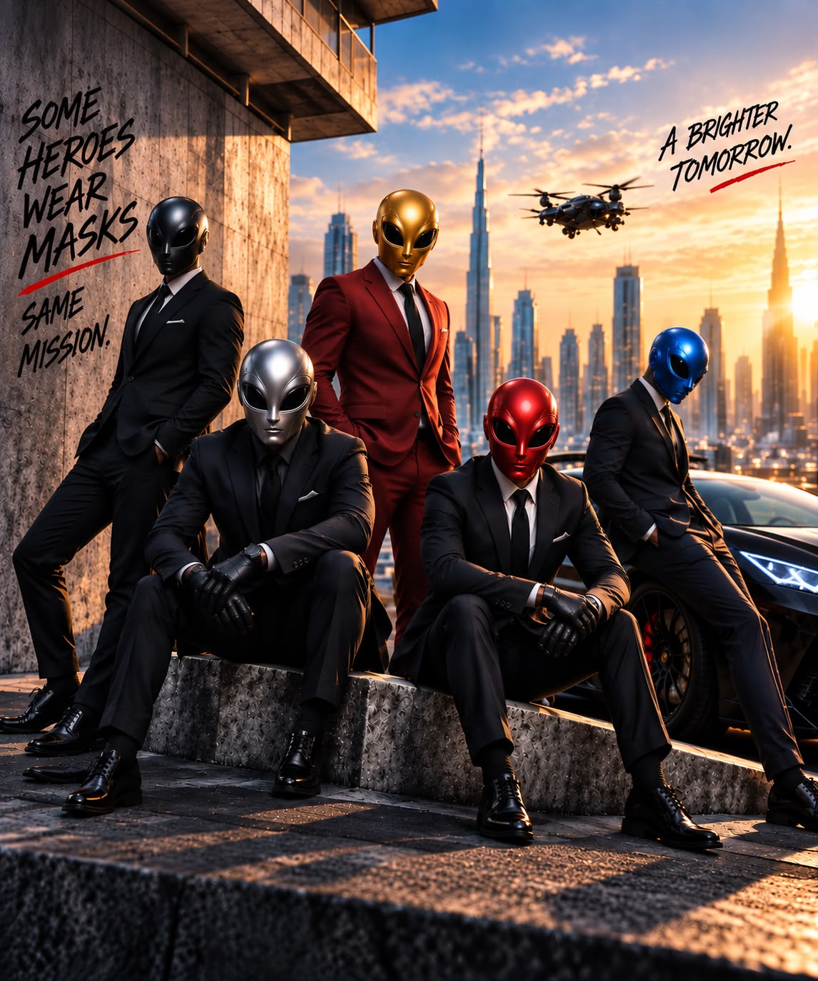 The five members at sunset over the skyline